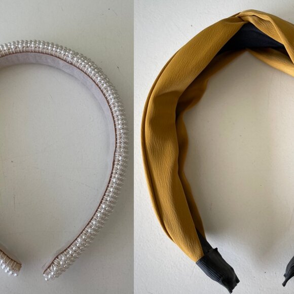 Headband Bundle:  White Pearly Headband and Mustard Yellow Knotted Headband - Picture 1 of 14